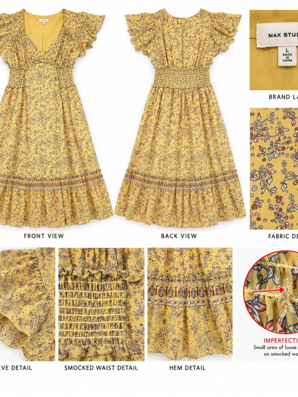 Max Studio Mustard Floral Smocked Waist Ruffle Maxi Dress L